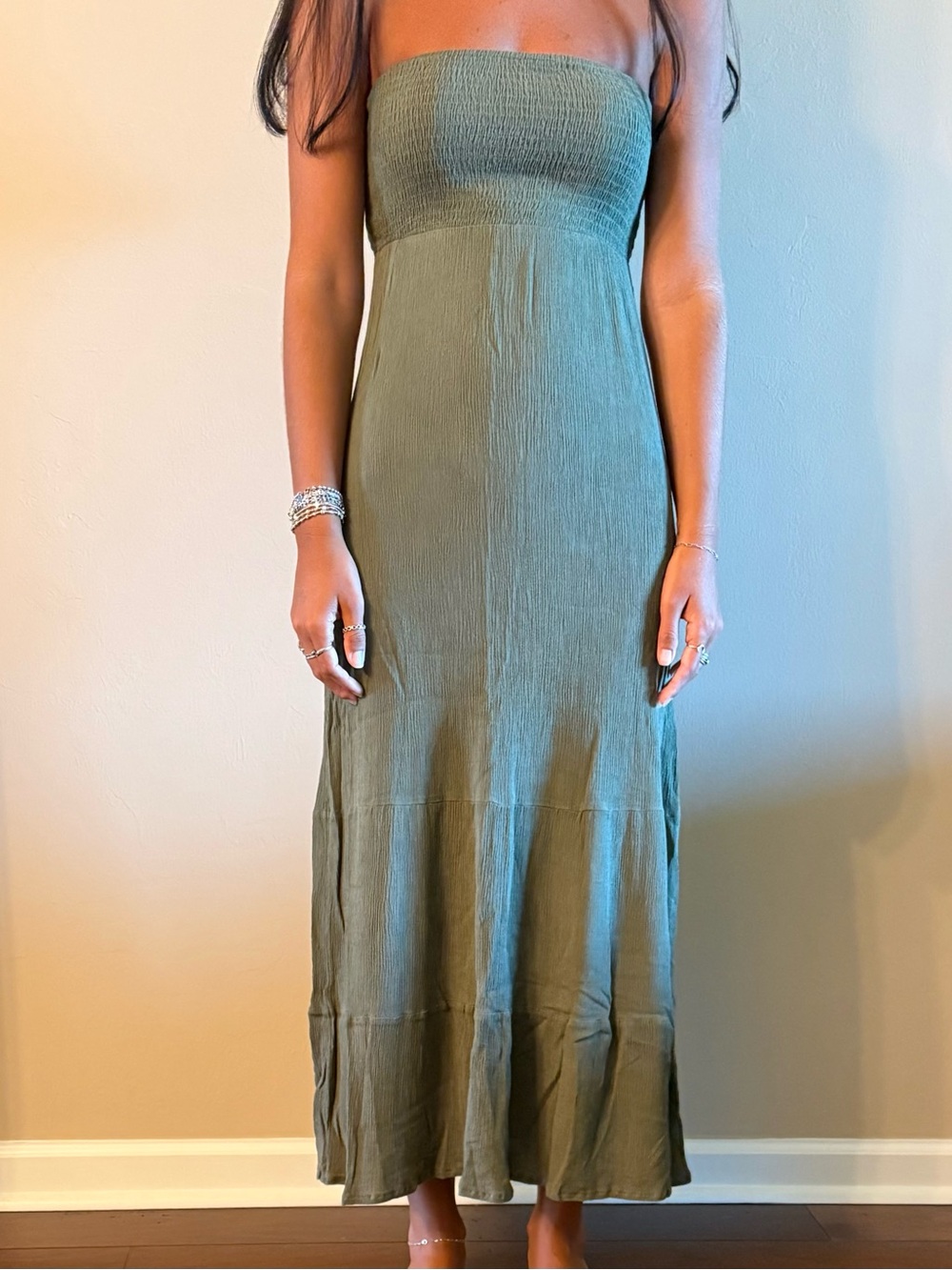SHEIN Olive Strapless Smocked Maxi Dress